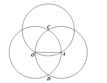 Cho hai đường tròn (O; 2 cm) và (A; 2 cm) cắt nhau tại C, D, điểm A nằm trên đường tròn tâm O (Hình 20). (ảnh 2)