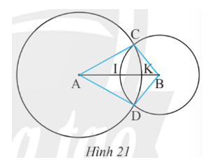 Cho hai đường tròn (A; 6 cm) và (B; 4 cm) cắt nhau tại C và D, AB = 8 cm. Gọi K,I (ảnh 1)