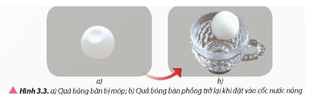 Dựa vào mô hình động học phân tử, hãy giải thích hiện tượng quả bóng bàn bị móp (nhưng chưa bị thủng) khi thả vào cốc nước nóng sẽ phồng trở lại (Hình 3.3). (ảnh 1)