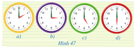 Trong Hình 47, coi mỗi khung đồng hồ là một đường tròn, kim giờ, kim phút là các tia. Số đo góc ở tâm trong mỗi hình 47a, 47b, 47c, 47d là bao nhiêu?   (ảnh 1)