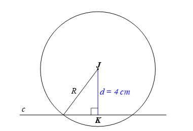 Cho đường tròn (J; 5 cm) và đường thẳng c. Gọi K là chân đường vuông góc (ảnh 1)