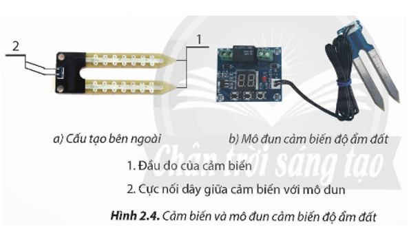 Em hãy mô tả cấu tạo bên ngoài của cảm biến độ ẩm đất ở Hình 2.4a. (ảnh 1)