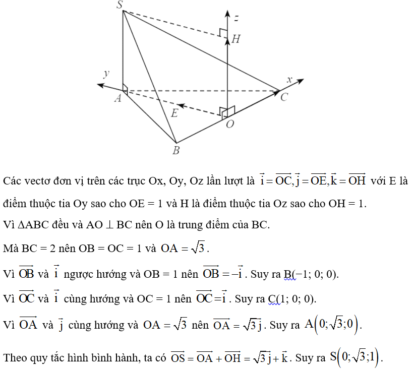 Cho hình chóp S.ABC có đáy ABC là tam giác đều cạnh bằng 2, SA vuông góc với đáy và SA bằng 1 (Hình 14). Thiết lập hệ (ảnh 2)