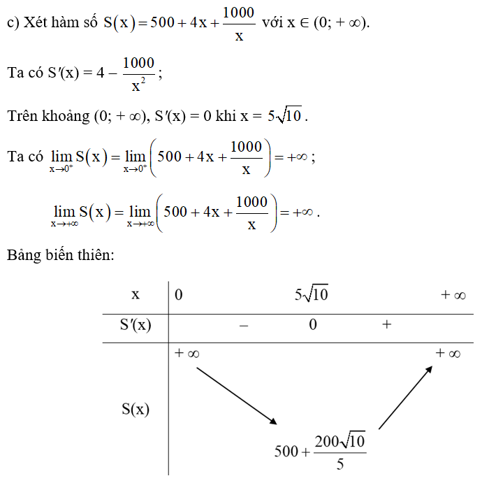 c) Lập bảng biến thiên của hàm số S(x) trên khoảng (0; + ∞). (ảnh 1)
