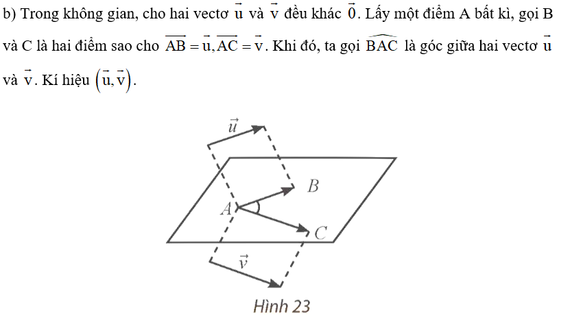 b) Làm thế nào để định nghĩa góc giữa hai vectơ u  và v  trong không gian. (ảnh 1)