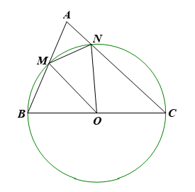 Cho tam giác nhọn ABC. Đường tròn tâm O đường kính BC cắt các cạnh AB và AC lần lượt tại M và N. Chứng minh MN < BC. (ảnh 1)