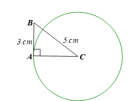 Cho tam giác ABC vuông tại A, AB = 3 cm, BC = 5 cm. Đường thẳng AB có tiếp xúc với đường tròn (C; 4 cm) hay không? Vì sao? (ảnh 1)