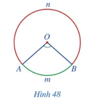 Quan sát góc ở tâm AOB (khác góc bẹt) ở Hình 48, cho biết trong hai phần đường tròn được tô màu xanh và màu đỏ, (ảnh 1)