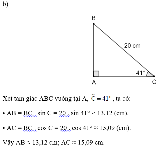 Cho tam giác ABC vuông tại A có độ dài cạnh huyền bằng 20 cm. Tính độ dài các cạnh góc vuông (ảnh 1)
