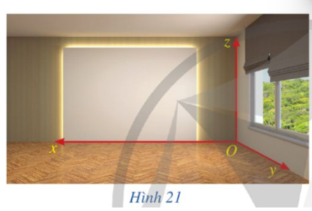 Một căn phòng với hệ tọa độ Oxyz được chọn như Hình 21. Cho biết bức tường phía sau của căn phòng nằm trong mặt phẳng tọa độ nào.  (ảnh 1)