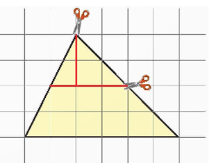 Bạn Đức cắt hình tam giác màu vàng theo hai đường kẻ màu đỏ để được ba mảnh. Ghép ba mảnh đó thành (ảnh 1)