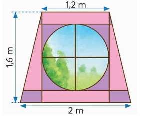 Tính tổng diện tích phần kính màu hồng và màu tím trên khung cửa sổ ở hình bên.   (ảnh 1)
