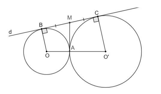 Cho đường tròn (O) và (O') tiếp xúc ngoài với nhau tại A và cùng tiếp xúc (ảnh 1)