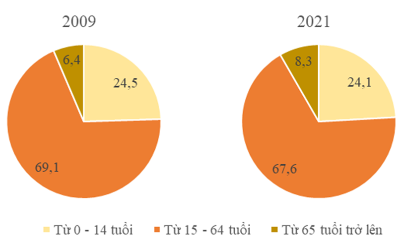 Dựa vào bảng 7, vẽ biểu đồ thể hiện cơ cấu dân số theo nhóm tuổi nước ta, năm 2009 và 2021. Rút ra nhận xét. (ảnh 2)