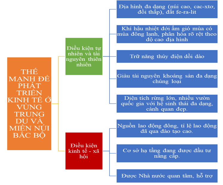 Vẽ sơ đồ thể hiện các thế mạnh để phát triển kinh tế ở vùng Trung du và miền núi Bắc Bộ. (ảnh 1)
