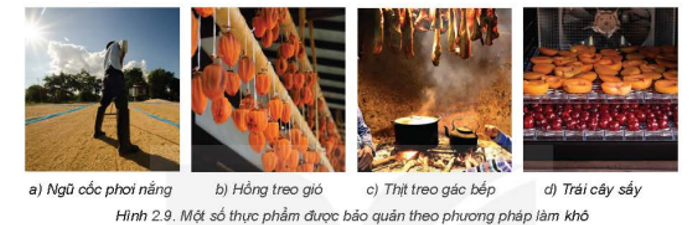 Dựa vào nội dung mục II.1b, hãy cho biết tên gọi của các phương pháp làm khô thực phẩm trong hình 2.9. (ảnh 1)