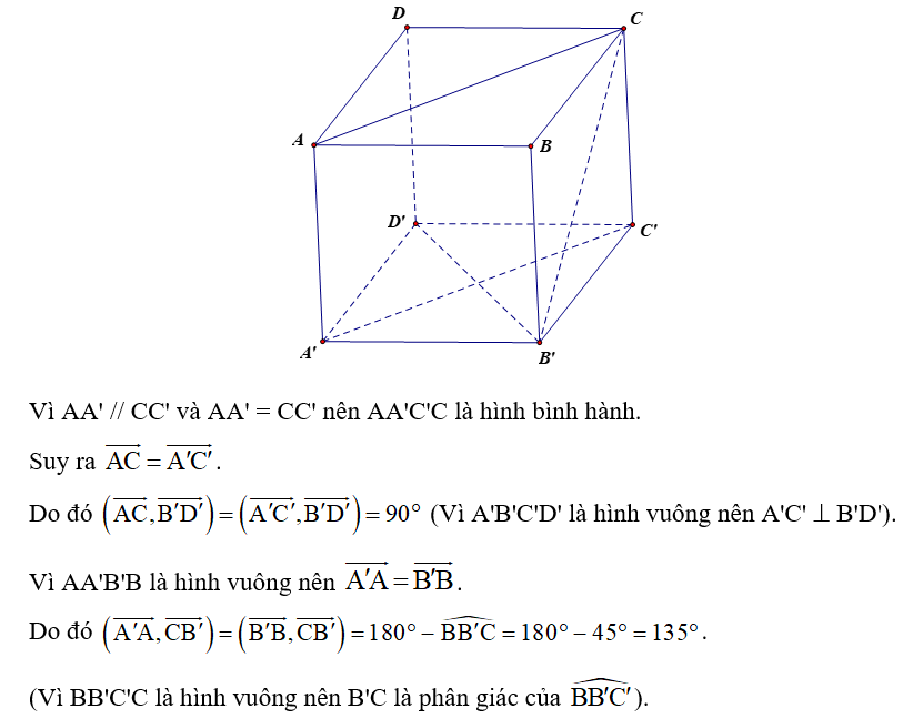 Cho hình lập phương ABCD.A'B'C'D'. Xác định góc (AC, B'D') , (AA', CB') . (ảnh 1)