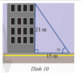 Tia nắng chiếu qua nóc của một tòa nhà hợp với mặt đất một góc α. Cho biết tòa nhà cao 21 m và bóng của nó trên (ảnh 1)