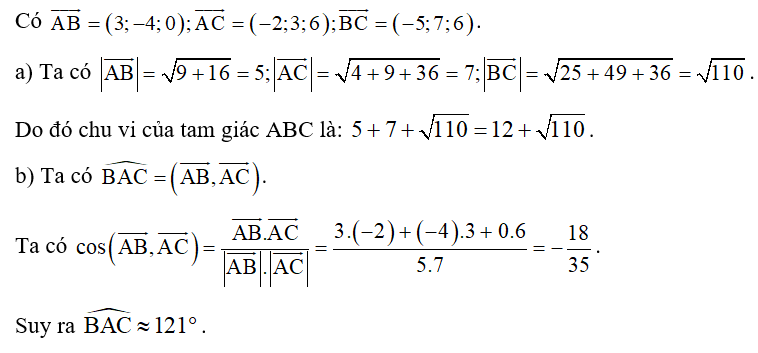 Trong không gian Oxyz, cho A(0; 2; 1), B(3; −2; 1) và C(−2; 5; 7). (ảnh 1)
