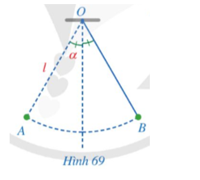 Một con lắc di chuyển từ vị trí A đến vị trí B (Hình 69). Tính độ dài quãng đường AB mà con lắc đó đã di chuyển, biết rằng sợi dây OA có độ dài bằng l và tia OA (ảnh 1)