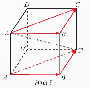 Cho hình hộp ABCD.A'B'C'D' (Hình 5). a) Trong mặt phẳng (ABCD), tìm vectơ tổng AB +BC . (ảnh 1)