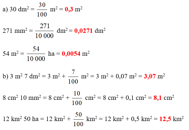 Số?  a) 30 dm^2 =  m^2  271 mm^2 =  dm^2  54 m^2 =  ha (ảnh 1)
