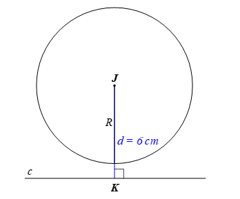 Cho đường tròn (J; 5 cm) và đường thẳng c. Gọi K là chân đường vuông góc (ảnh 3)