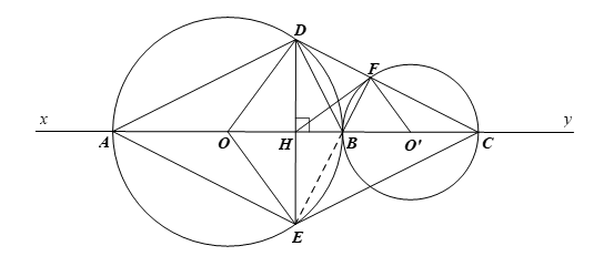Trên đường thẳng xy, lấy lần lượt ba điểm A, B, C sao cho AB > BC. Vẽ đường (ảnh 1)