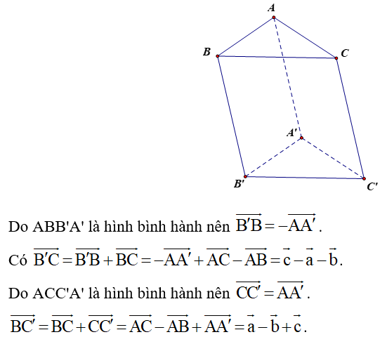 Cho hình lăng trụ tam giác ABC.A'B'C' có AA' = a, AB= b, AC = c . Chứng minh rằng (ảnh 1)
