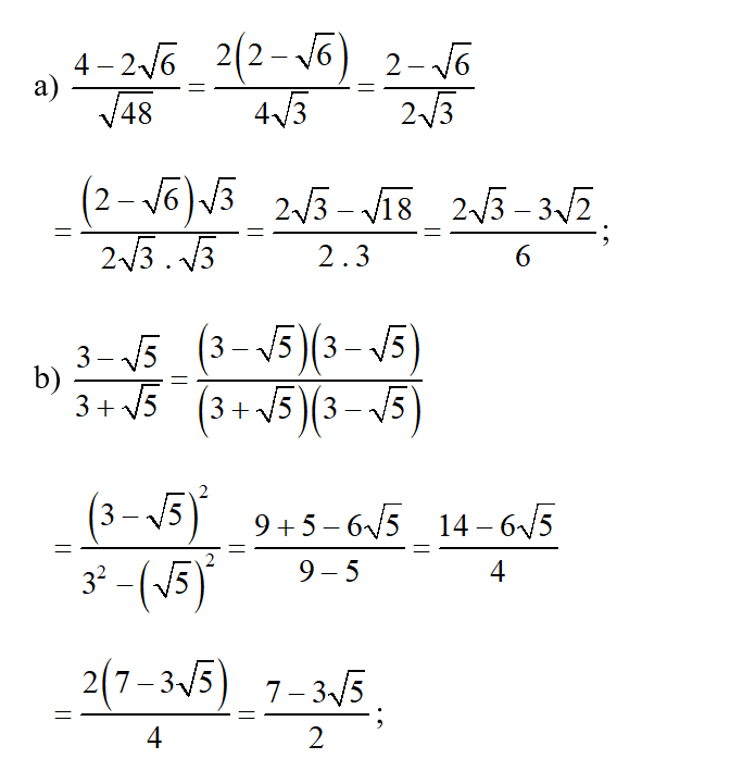 Trục căn thức ở mẫu các biểu thức sau:  a) ;4- 2 căn bậc hai 6 / căn bậc hai 48 (ảnh 1)
