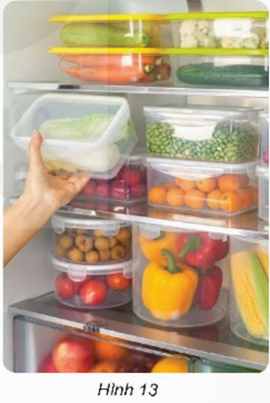 Khi để thực phẩm trong tủ lạnh (hình 13), người ta thường bọc bằng màng bọc thực phẩm hoặc để trong hộp kín. Theo em, việc làm đó có lợi ích gì? (ảnh 1)