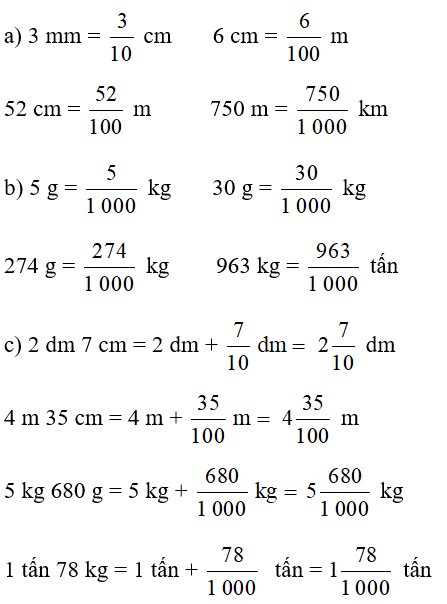 Tìm phân số thập phân hoặc hỗn số thích hợp. a) 3 mm =   cm 6 cm =   m 52 cm =   m (ảnh 1)