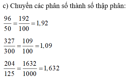 c) Chuyển các phân số sau thành số thập phân (theo mẫu).   (ảnh 2)