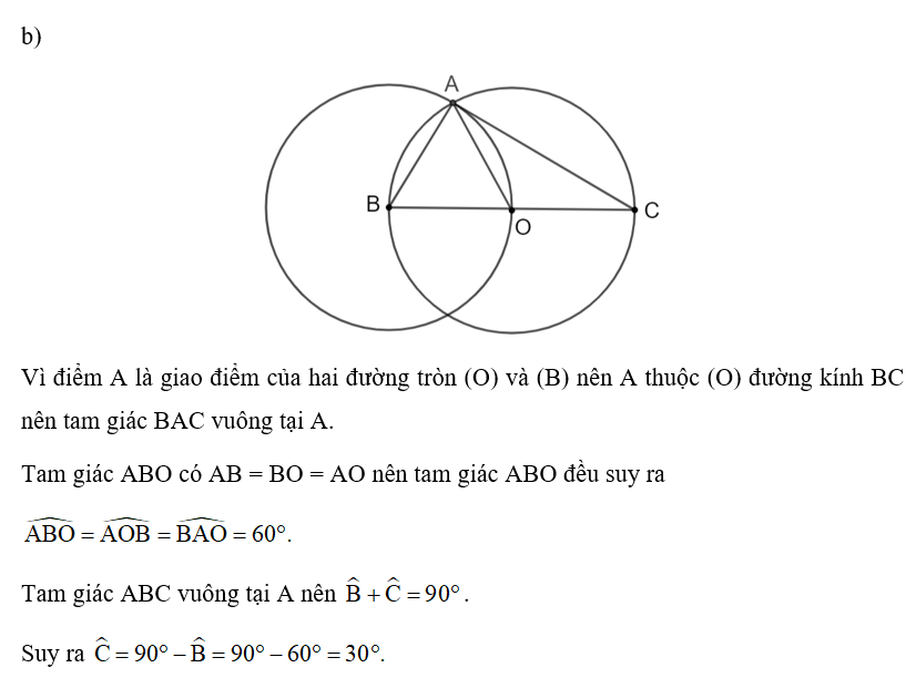b) Giả sử A là một trong hai giao điểm của đường tròn (B; BO) với đường tròn (O).  (ảnh 1)