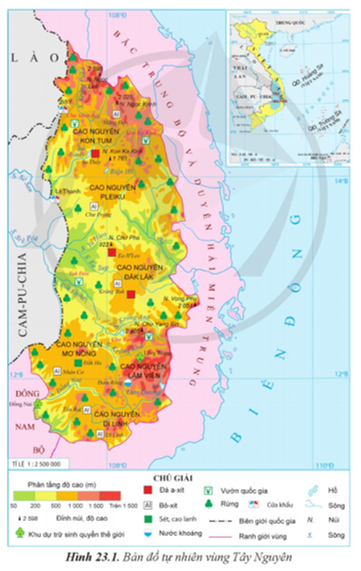 Dựa vào thông tin và hình 23.1 hãy: - Trình bày vị trí địa lí vùng Tây Nguyên. - Trình bày về phạm vi lãnh thổ vùng Tây Nguyên. (ảnh 1)