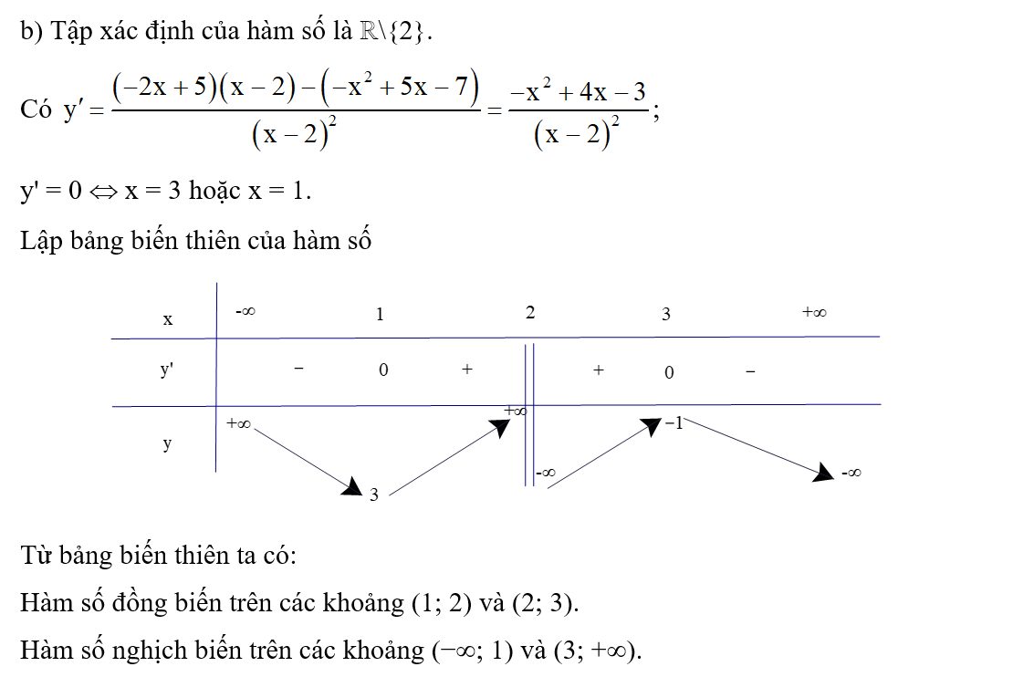 Tìm các khoảng đơn điệu của các hàm số sau:	b)  y= -x^2 + 5x - 7 / x-2. (ảnh 1)