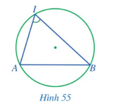 Trong Hình 55, đỉnh của góc AIB có thuộc đường tròn hay không? Hai cạnh của góc chứa hai dây cung nào của đường tròn?   (ảnh 1)
