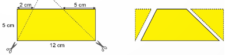 Mai cắt ra hai hình tam giác vuông từ một tờ giấy hình chữ nhật như sau.   a) Phần còn lại của tờ giấy là hình gì? b) Tính diện tích phần tờ giấy còn lại đó. (ảnh 1)