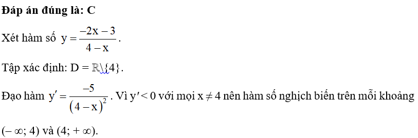 Cho hàm số y = -2x - 3/ 4 -x . Trong các khẳng định sau, khẳng định nào đúng? (ảnh 1)
