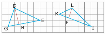 a) Vẽ hình tam giác DEG, IKL trên giấy kẻ ô vuông như hình bên rồi vẽ đường cao ứng với đáy GE, KI của các hình tam giác đó.   (ảnh 2)