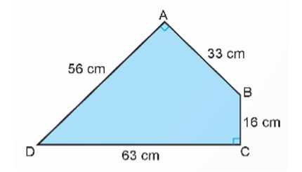 Tính diện tích mảnh bìa hình tứ giác ABCD có kích thước như hình bên. Biết rằng các góc đỉnh A và đỉnh C là góc vuông.   (ảnh 1)