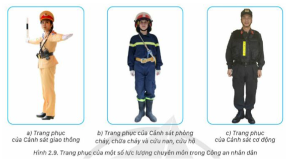 Em hãy mô tả trang phục thường dùng của một số lực lượng chuyên môn trong Công an nhân dân có ở hình 2.9.   (ảnh 1)