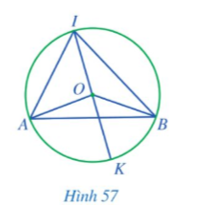 Cho góc AIB nội tiếp đường tròn tâm O đường kính IK sao cho tâm O nằm trong góc đó (Hình 57). (ảnh 1)