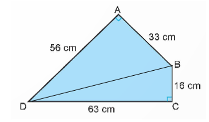 Tính diện tích mảnh bìa hình tứ giác ABCD có kích thước như hình bên. Biết rằng các góc đỉnh A và đỉnh C là góc vuông.   (ảnh 2)