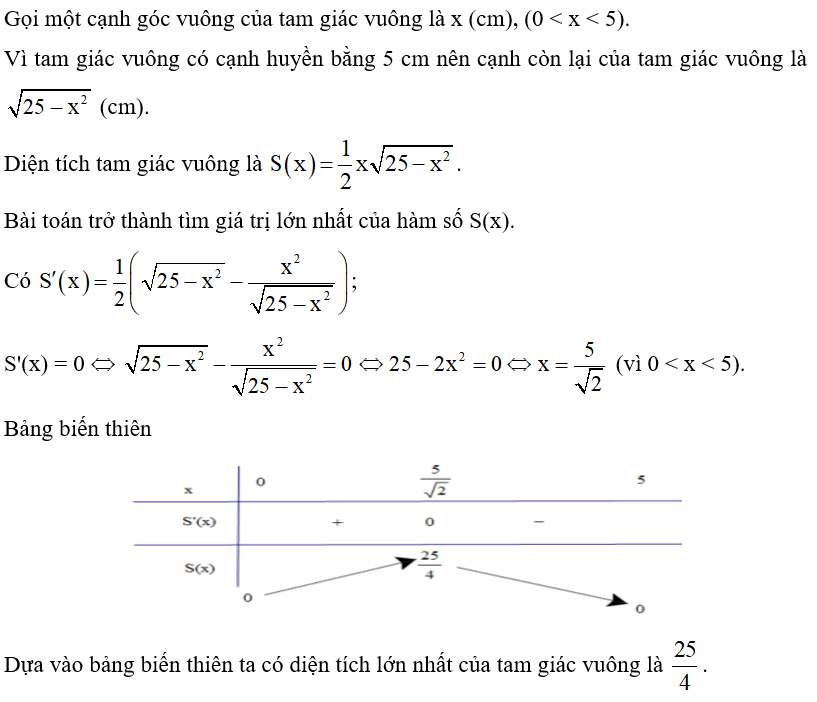 Tam giác vuông có cạnh huyền bằng 5 cm có thể có diện tích lớn nhất bằng bao nhiêu? (ảnh 1)