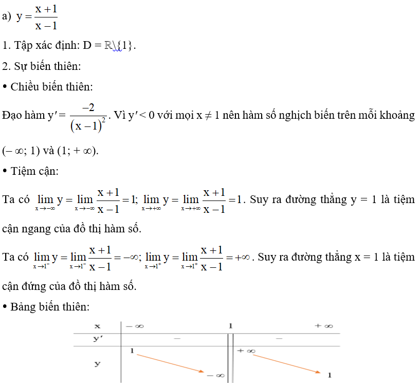 Khảo sát và vẽ đồ thị của các hàm số sau:  a) y= x+1/x-1  ;  (ảnh 1)