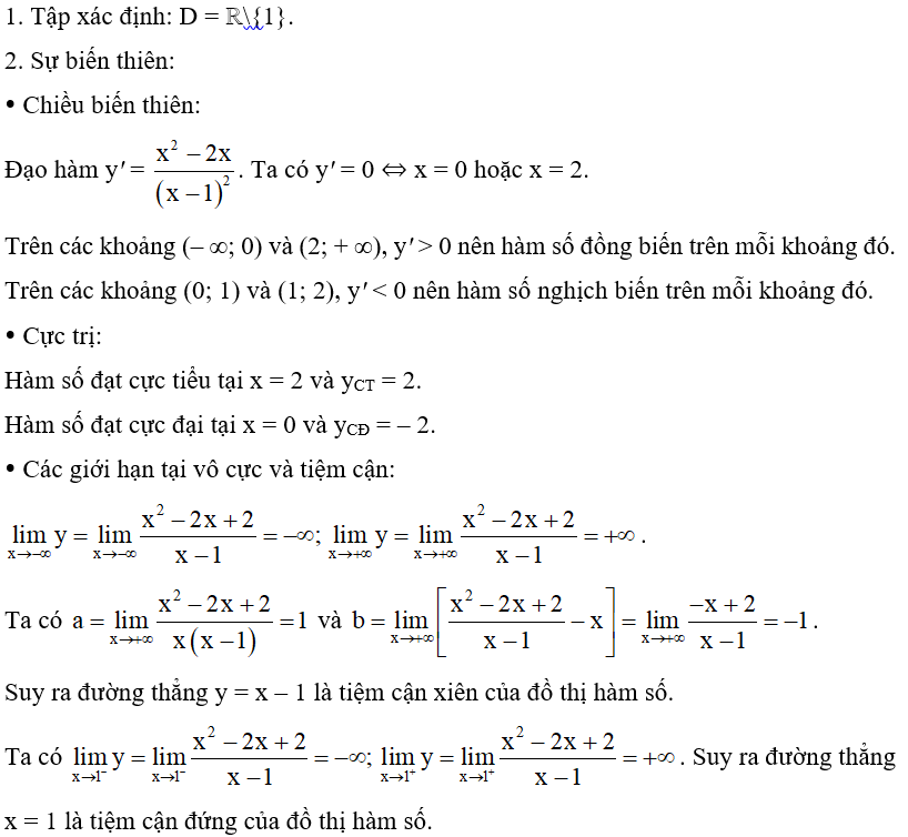 Khảo sát và vẽ đồ thị của các hàm số sau: a) y= x^2 -2x + 2/ x-1;  (ảnh 1)