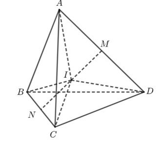 Cho tứ diện ABCD. Gọi M, N lần lượt là trung điểm của các cạnh AD và BC, I là trung điểm MN. Chứng minh rằng: (ảnh 1)