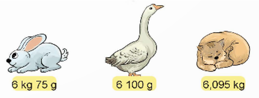 Các con vật có cân nặng như hình vẽ.   a) Tìm số thập phân thích hợp. 6 kg 75 g =   kg	6 100 g =   kg (ảnh 1)