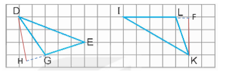 b) Vẽ hình tam giác DEG, IKL trên giấy kẻ ô vuông như hình bên rồi vẽ đường cao ứng với đáy GE, IL của các hình tam giác đó.   (ảnh 2)
